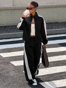 Muchica Women's Autumn/Winter New Black Thermal Lined Webbing Patchwork Loose Open Front Sweatshirt & Sweatpants Set For Going Out, Streetwear, Y2K - Black - View 1