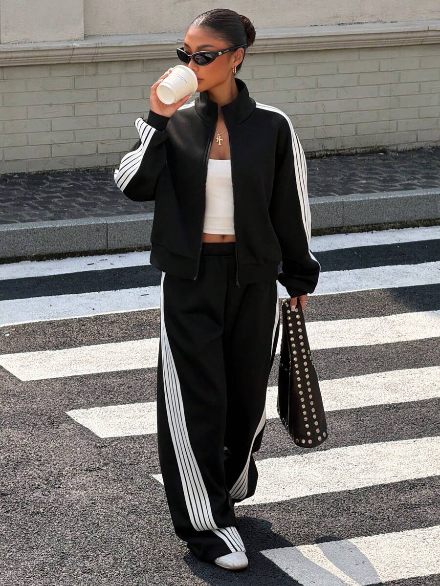 Muchica Women's Autumn/Winter New Black Thermal Lined Webbing Patchwork Loose Open Front Sweatshirt & Sweatpants Set For Going Out, Streetwear, Y2K - Black - View 1