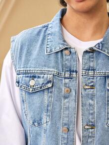 Whitmere Men's Denim Sleeveless Jacket Casual Trucker Vest, Light Color, Street Style, Suitable For Spring/Autumn - Light Wash - View 7