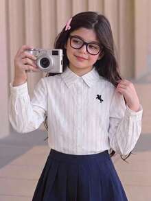 Tween Girl Tween Girl White Woven Striped Collared Loose Shirt, Spring/Summer/Autumn, Casual Sweet Lady Style, Fall/Winter - White - View 3