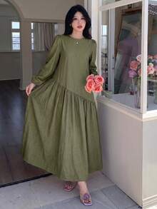 Solavon New Asymmetrical Loose Fit Comfortable Vacation Versatile Linen Dress - Army Green - View 3
