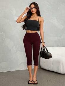 SHEIN PETITE 女款 95% 棉 Caprileggings 七分緊身褲 - 酒紅色 - 查看 5