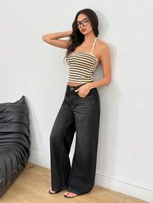 SHEIN Women's Charcoal Vintage Y2k Contrast Stitching Patchwork Straight Leg Jeans, Suitable For Commuting Going Out, Dating, Summer/Winter Outfits - Black - View 7