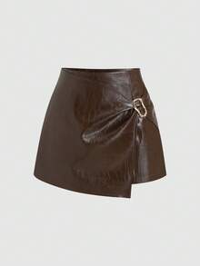 Sweetra Women's Brown PU Embossed Mini Sexy Casual Decorative Metal Buckle Skirt - Brown - View 1