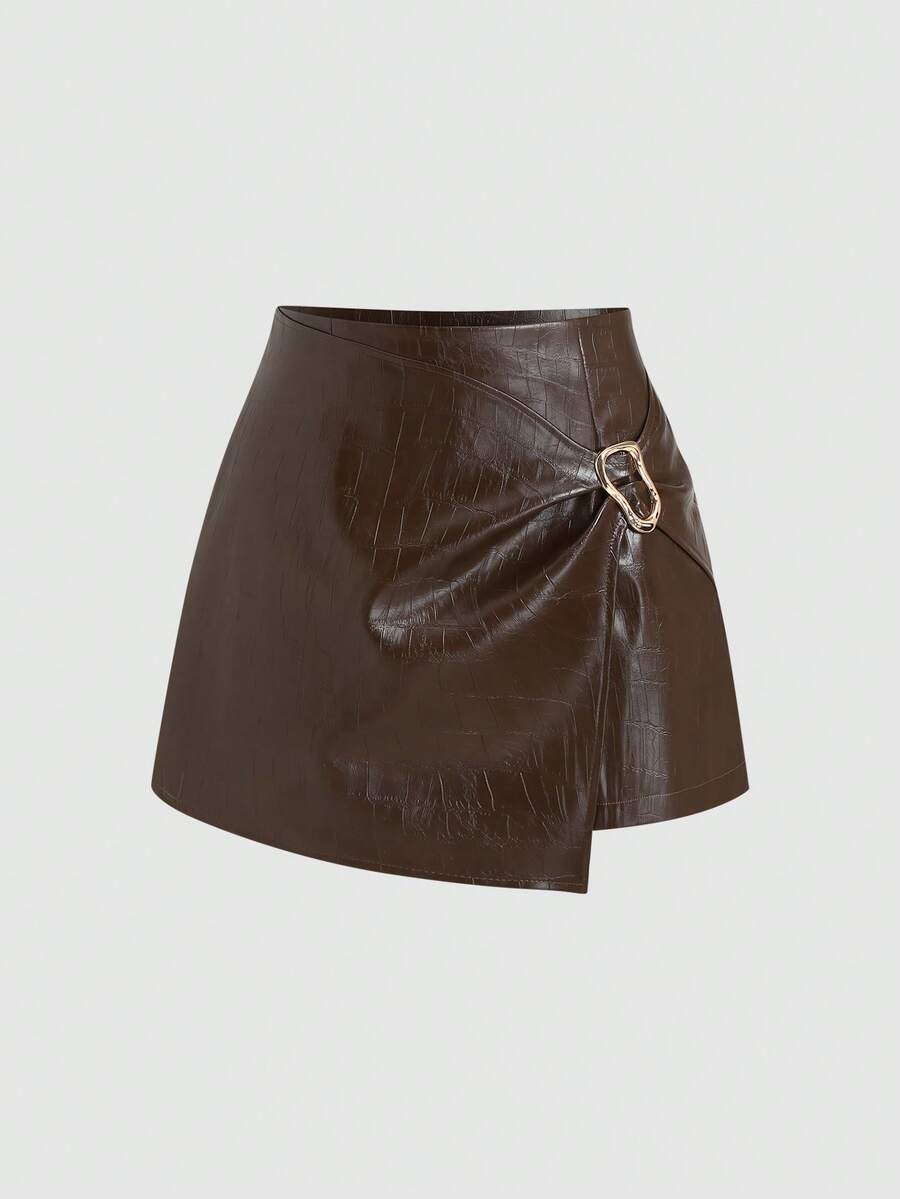Sweetra Women's Brown PU Embossed Mini Sexy Casual Decorative Metal Buckle Skirt - Brown - View 1