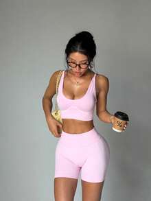 SHEIN Dewbera Women's Seamless Yoga Sports Set Colorblock Sports Bra And Tight Shorts - Pink - View 5
