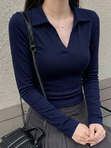 DAZY 女款修身純色 Polo 領長袖極簡風 T 恤 - 寶藍色 - 查看 4