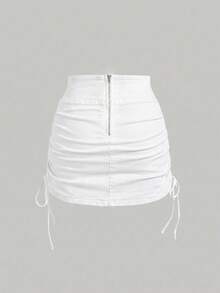 SHEIN MOD 女士简约纯色侧边抽绳褶皱牛仔迷你裙，夏季 - 白色 - 查看 2