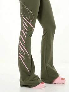 SUMWON WOMEN Flared Fold-Over Waistband Flare Pants With Cursive Script Graphic Detail, Y2K Style, Low Rise - Khaki - View 4