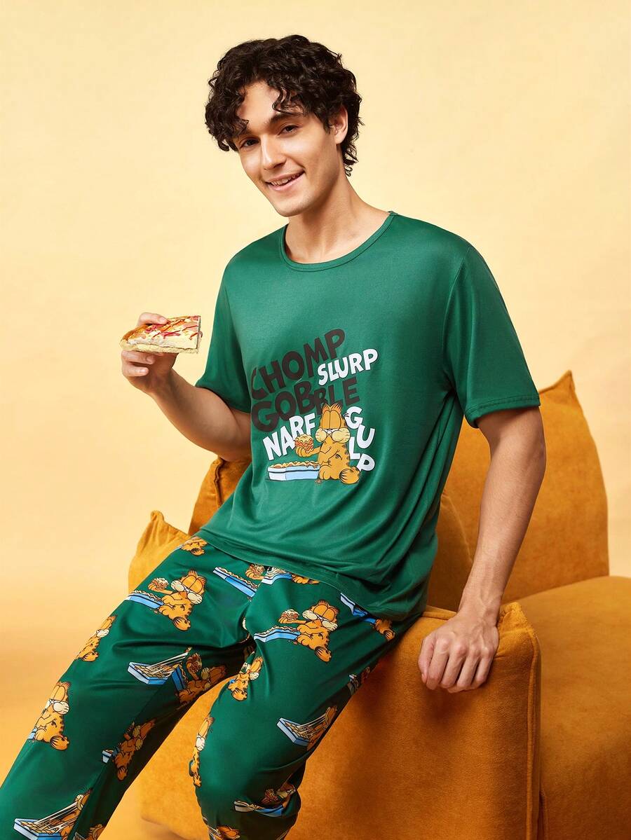 Notgurli GARFIELD | SHEIN Co-Branded Print Men's Short Sleeve Top And Long Pants Loungewear Set - Green - View 1