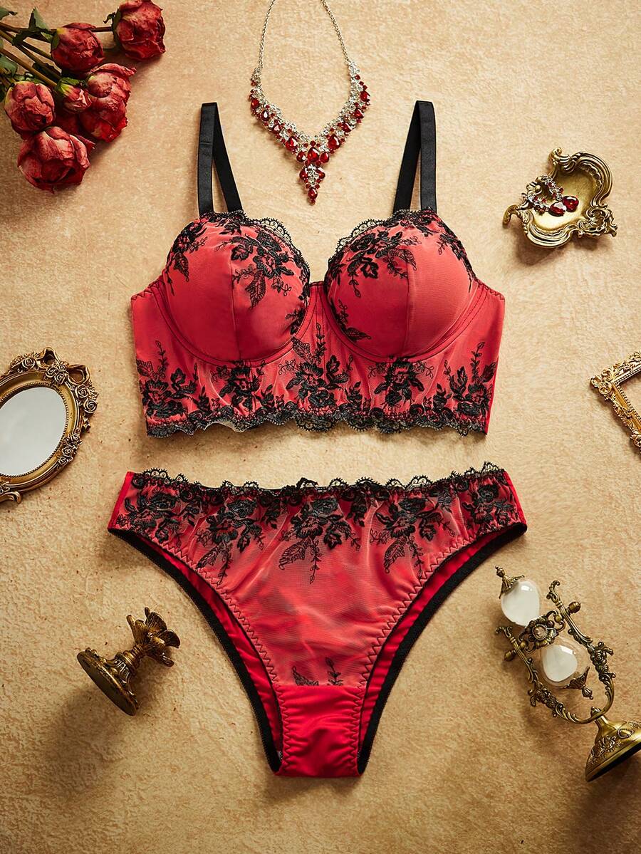 PinupPomp Plus Size Women's Lace Trim Adjustable Strap Bra And Triangle Panty Lingerie Set - Multicolor - View 1