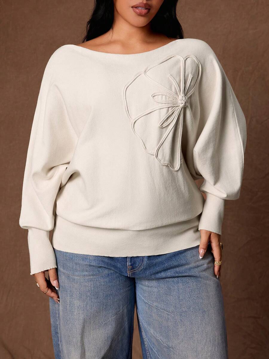 Rustia Plus Size Autumn/Winter Elegant 3D Floral Decor Batwing Sleeve Sweater - Khaki - View 1