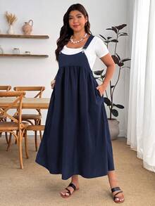 Enliva Plus Size Women's Solid Color Pleated Loose Fit Spaghetti Strap Dress - Navy Blue - View 3
