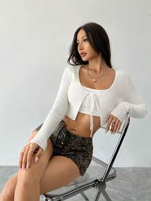Flirla Spring/Summer Casual Solid Color Tie Front Cropped Cardigan,Long Sleeve Tops Fall Winter Cloth For Women - White - View 4
