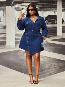 Slaydiva Women's Plus Size Fashion Single-Breasted Asymmetrical Long Sleeve Mini Dress, Autumn - Dark Wash - View 6