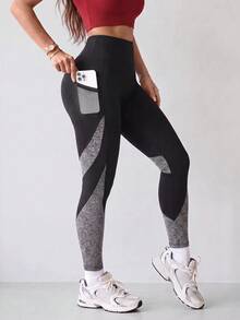 SHEIN Sports Women's Colorblock High Waist Sports Leggings With Pockets - Multicolor - View 4