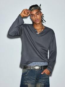 Modcrash Mens Henley Waffle Knit Shirt, Long Sleeve Lightweight Breathable Sun Protection Casual Top - Dark Grey - View 2