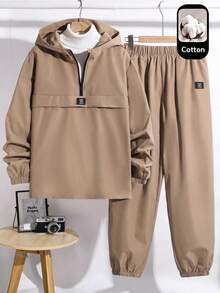 SHEIN 2pcs Kids Tween Boy Half-Zip Hooded Khaki Jacket And Jogger Pants Set, Suitable For Fall/Winter, School, Family Gathering, Back To School, Sports, FallOutfit, WinterOutfit - Khaki - View 3