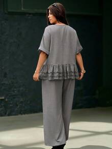 Ceyna Plus Size Women's Casual Vacation Spring/Summer Vintage Minimalist Conservative Distressed Round Neck Raglan Sleeve Cuffed Loose Patchwork Embroidered Lace Short Sleeve Mid-Waist Elastic Straight Wide Leg Slimming 2-Piece Set - Dark Grey - View 2