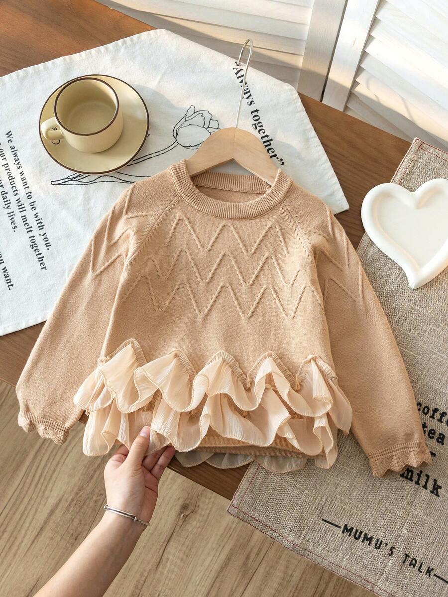 SHEIN Vintaside Kids 女童返校季秋冬米色甜美毛衣,絲綢蕾絲下擺,優雅知性風,柔軟紗線,舒適百搭,適合日常休閒穿著、家庭聚會、萬聖節、新年、感恩節、聖誕節 - 棕色 - 查看 1