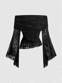 ROMWE Setelan 2 Potong Gaya Gothic Gelap: Atasan Renda Lengan Lonceng Tanpa Bahu & Rok Duyung Ketat - Hitam - View 7