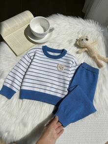 SHEIN Classic Striped Cartoon Bear Knit Sweater Set For Baby Boys Autumn Fall - Grey - View 5