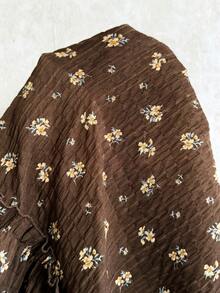 Elaquor Plus Size Women's All-Over Print Pleated Long Sleeve Top And Pants Casual 1920 Vintage Daily Vacation Going Out 2 Pieces Set Floral Summer Brown - Mocha Brown - View 9