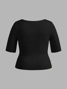 SHEIN BASICS 3件裝休閒純色針織方領短袖修身大尺碼T恤 - 彩色 - 查看 5