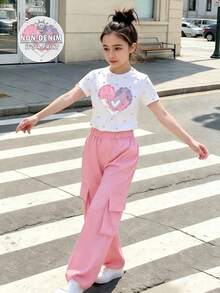 SHEIN 青少年女孩休閒簡約百搭愛心印花T恤與工裝褲兩件套，春/秋季 - 彩色 - 查看 3