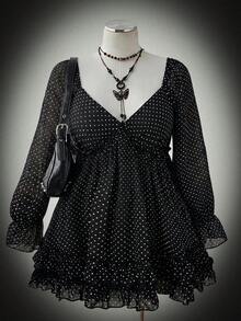 Sweetra Plus Size Polka Dot V-Neck Cute Cinched Waist Flattering Chiffon Blouse Top Fall - Black - View 1