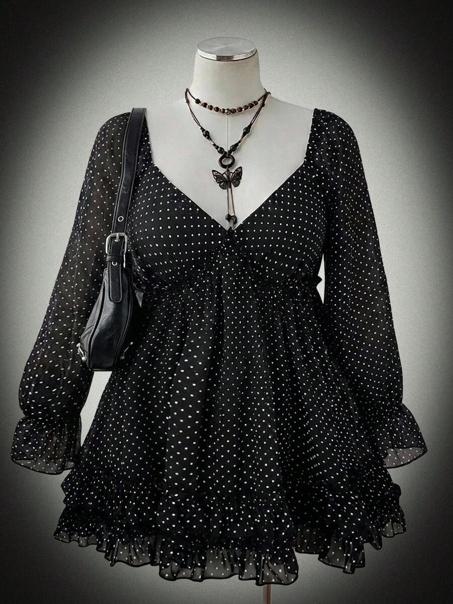 Sweetra Plus Size Polka Dot V-Neck Cute Cinched Waist Flattering Chiffon Blouse Top Fall - Black - View 1