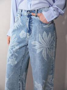 MOTF PREMIUM WOMEN'S CASUAL FLORAL PRINT STRAIGHT LEG JEANS - Blue - View 1
