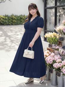 Bijouette 大尺碼優雅夏季純色花瓣短袖洋裝，海軍藍婚禮高茶會正式賓客早午餐約會之夜茶會晚宴 - 藏蓝色 - 查看 10