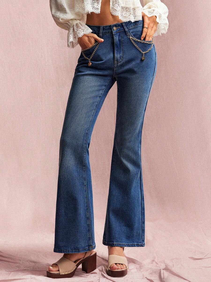 Willow Rêve Women's Navy Blue High-Waist Flared Jeans, Solid Washed Denim Chain-Decor Button Pockets, Retro Street 90s Vintage 70s Summer Everyday Night Out - Blue - View 1