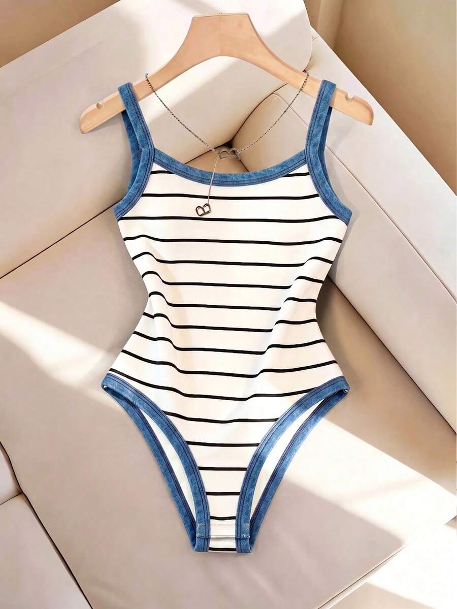 SHEIN LUNE Women's Summer Casual Striped Spaghetti Strap Bodysuit