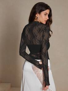 Anewsta Women's Solid Color Lace See-Through Sexy Long Sleeve Top - Black - View 3