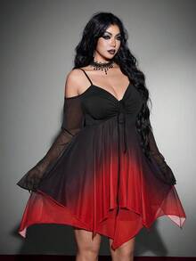Whyspr Gaun Halloween Goth Gradient Mesh Lengan Panjang Transparan dengan Hem Asimetris untuk Musim Gugur - MultiWarna - View 1
