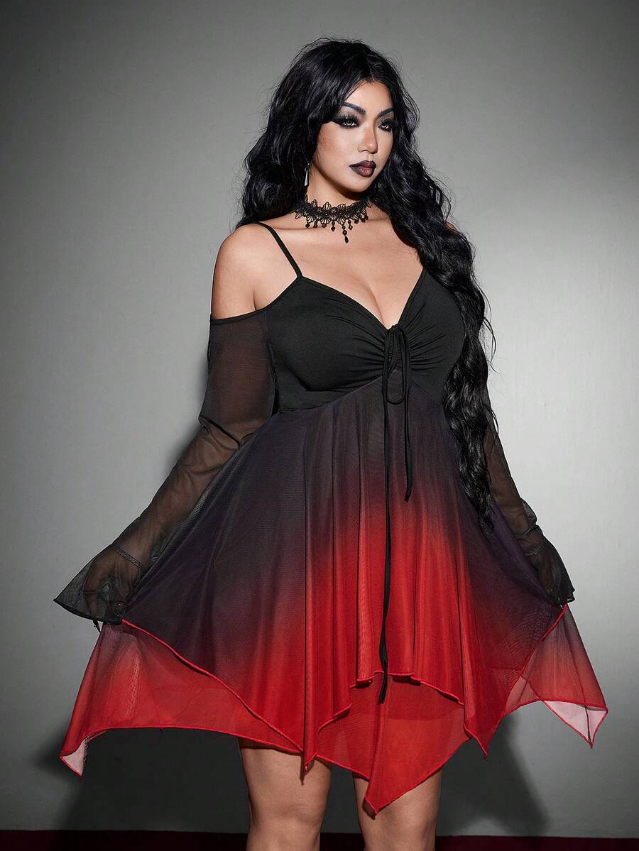 Whyspr Gaun Halloween Goth Gradient Mesh Lengan Panjang Transparan dengan Hem Asimetris untuk Musim Gugur - MultiWarna - View 1