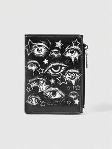 ROMWE Goth 萬聖節哥德風黑色錢包 龐克星星與眼睛創意圖案 五角星拉鍊零錢包 休閒時尚卡包 - 黑白眼睛星星 - 查看 1