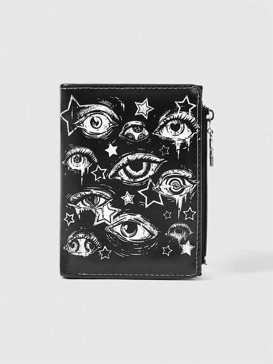 ROMWE Goth 萬聖節哥德風黑色錢包 龐克星星與眼睛創意圖案 五角星拉鍊零錢包 休閒時尚卡包 - 黑白眼睛星星 - 查看 1