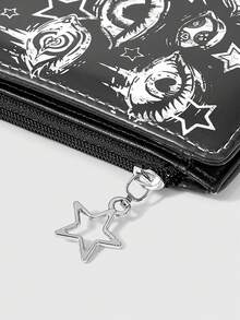 ROMWE Goth 萬聖節哥德風黑色錢包 龐克星星與眼睛創意圖案 五角星拉鍊零錢包 休閒時尚卡包 - 黑白眼睛星星 - 查看 5