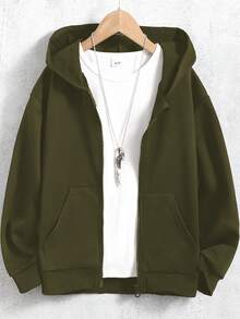SHEIN Vacaura 青少年男孩連帽拉鍊休閒百搭日常穿著長袖運動衫 - 軍綠色 - 查看 1