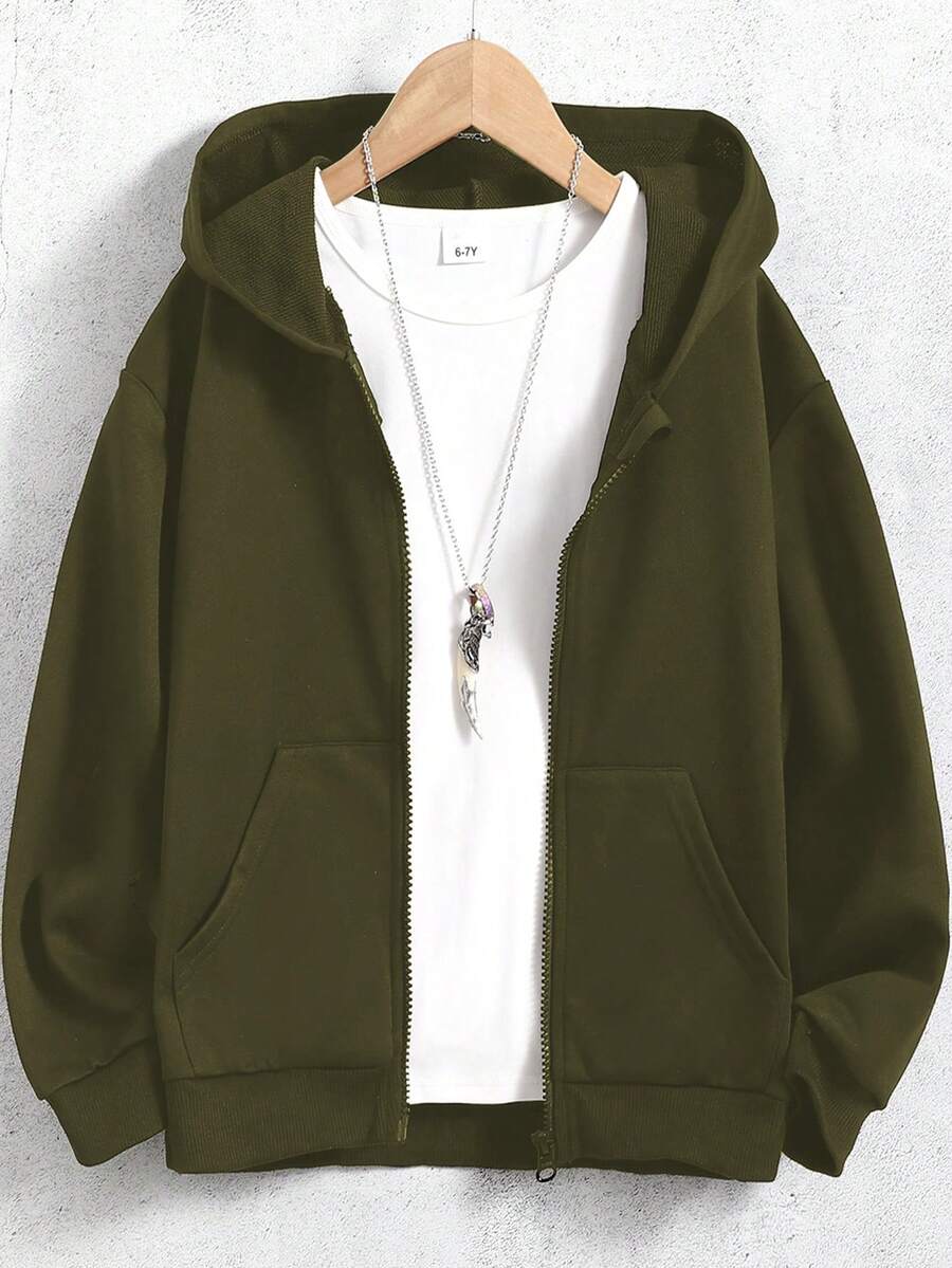 SHEIN Vacaura 青少年男孩連帽拉鍊休閒百搭日常穿著長袖運動衫 - 軍綠色 - 查看 1