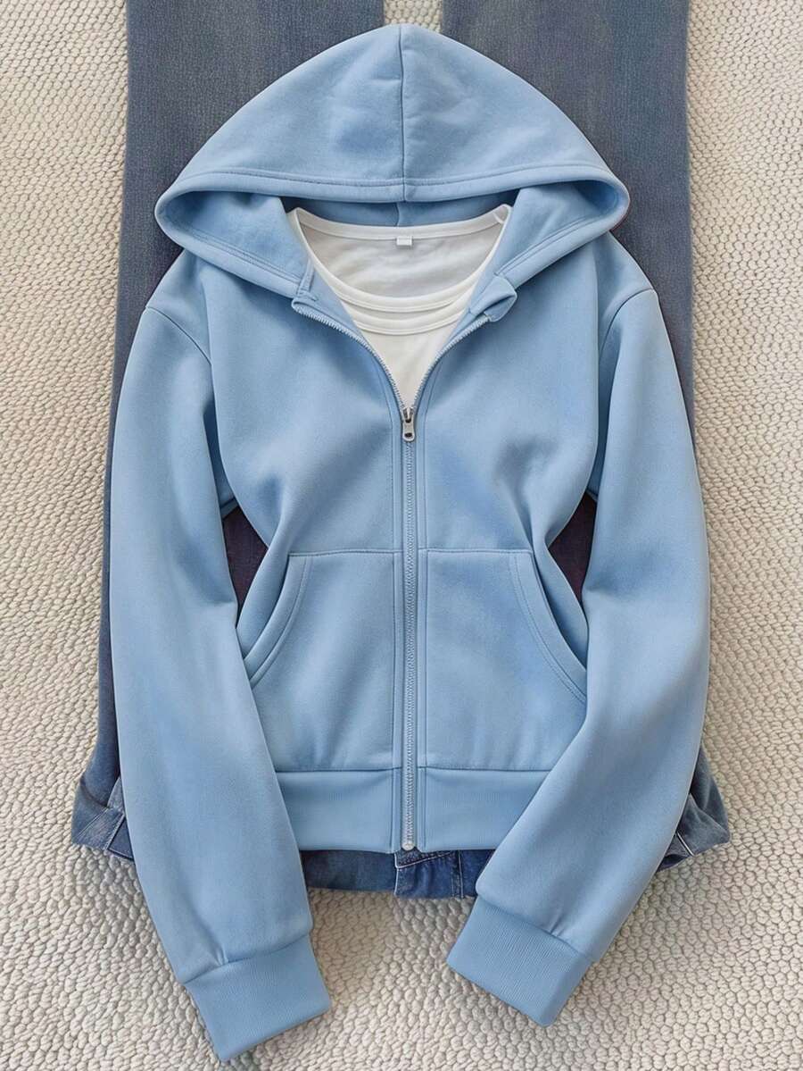 SHEIN Sparklyn 秋冬季青少年女孩連帽拉鍊外套-街頭風衛衣,保暖針織面料,適合秋冬穿著 - 淺藍色 - 查看 1