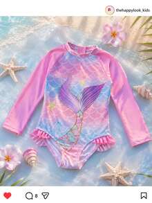 THE HAPPY LOOK Young Girls T-Shirt Co-Ords Baby One-Piece Swimsuit Long Sleeve Colorblock Raglan Sleeves Mermaid Print Ruffle Hem Ocean Print Pink Multicolor Cute Style Cute Print Vacation Style Suitable For Baby Spring Summer Outings Spring Trips Vacation Pool Beach Sand Baby Swimwear - Multicolor - View 8