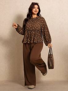 Elaquor Plus Size Women's All-Over Print Pleated Long Sleeve Top And Pants Casual 1920 Vintage Daily Vacation Going Out 2 Pieces Set Floral Summer Brown - Mocha Brown - View 6