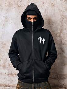 Skyrend Men Hooded Zip Up Sweatshirt, Face Mask Balaclava Sports Jacket With Cross Pattern Fall/Autumn/Winter Grunge - Black - View 5