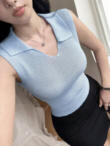 Tideelle 韓系辣妹 Polo 領針織背心女款 夏季修身羅紋無袖短版上衣 百搭內搭層 - 淺藍色 - 查看 6