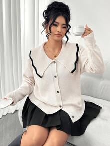 Elenzga Plus Size Loose Fit Slimming Contrast Color Plus Size Collar Long Sleeve Commuter Versatile Knit Cardigan Sweater - Apricot - View 7