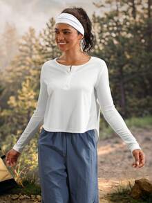 Exploreva Women's Outdoor Long Sleeve White Half-Open Collar T-Shirt - White - View 3
